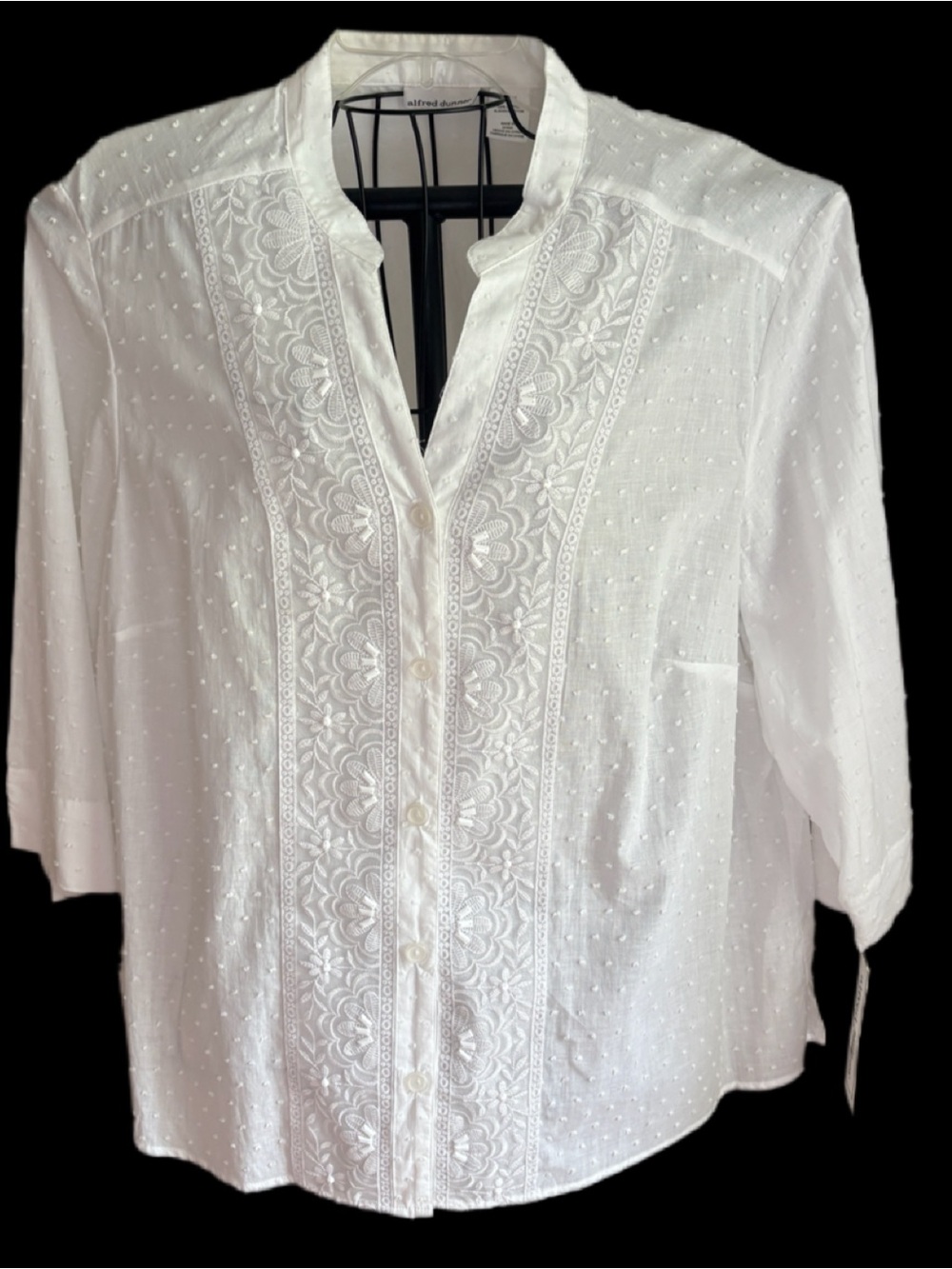 White Embroidered Split-Neck ok Button Front Top